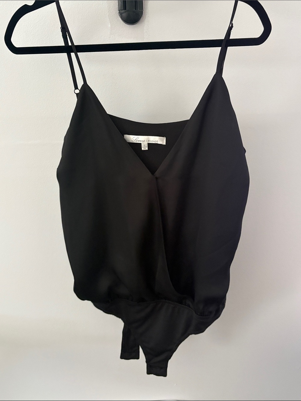Lovers + Friends Black Satin Surplice V-Neck Bodysuit